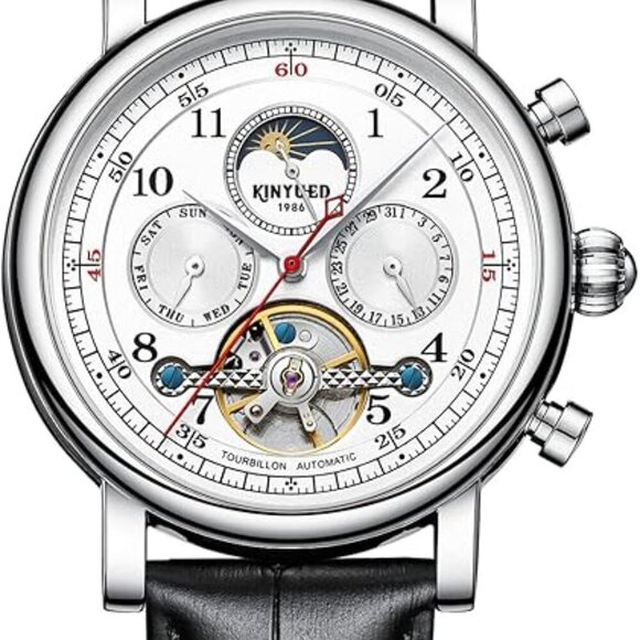44mm Mechanical Skeleton Wrist Watch with Calendar,Week, Moon Phase, Tourbillon - Picture 3 of 6